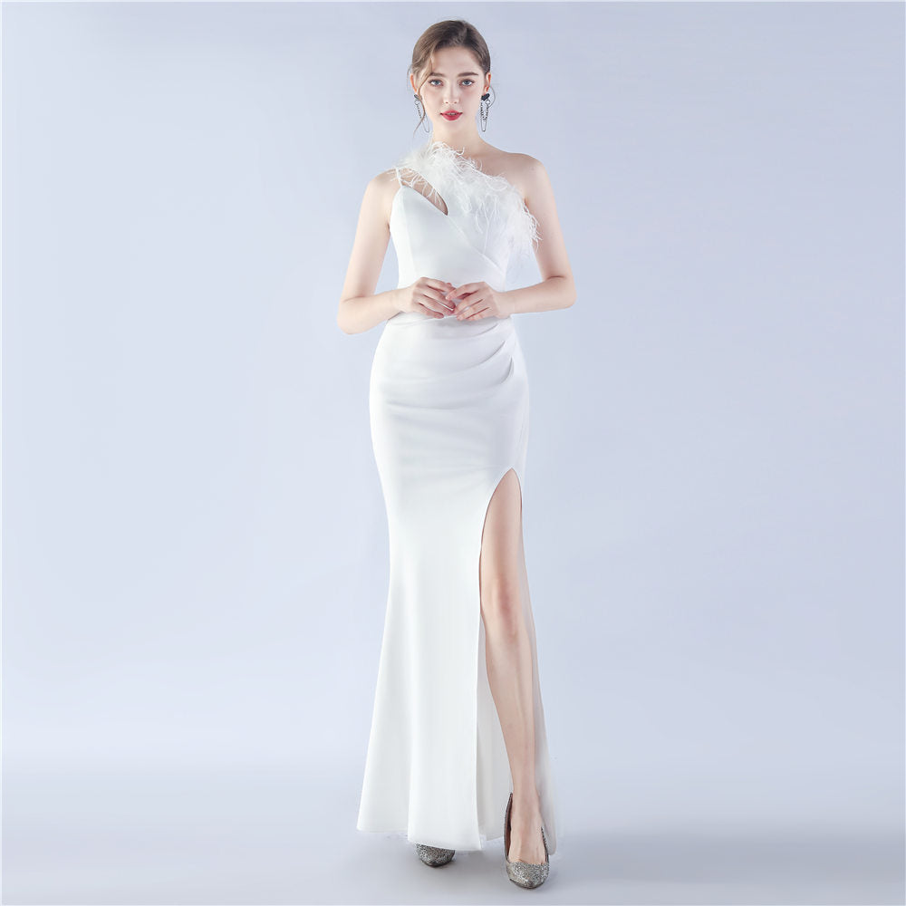 New craftsmanship Order ostrich hair banquet performance satin long evening dress