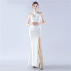 New craftsmanship Order ostrich hair banquet performance satin long evening dress
