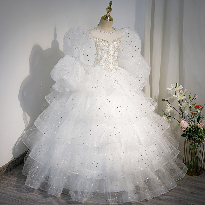 Vestido de primera comunión para niña, blanco, con vuelo, para desfile de belleza, princesa, para bautizo. 