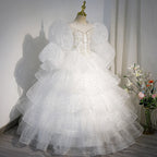 Vestido de primera comunión para niña, blanco, con vuelo, para desfile de belleza, princesa, para bautizo. 