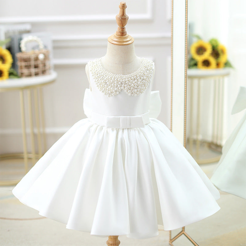 Kommunionkleid für Kleinkinder, Prinzessinnenkleid für Mädchen, weißes Blumenmädchenkleid mit Perlenkragen 