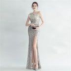 Heavy industry ostrich hair craft bundle hair slant shoulder side split high-end evening dress