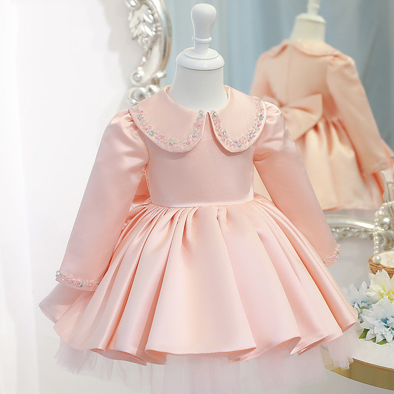 Vestido de comunión para niña, fiesta de cumpleaños, manga larga, cuello de muñeca, vestido de princesa con cuentas 