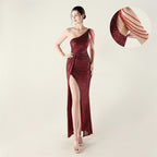 New one-shoulder diagonal collar sequined dress, bead chain decoration, nightclub banquet wedding