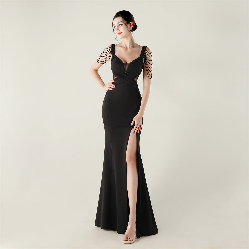 New bead pressing and folding process deep V-neck evening dress slim banquet robe
