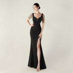 New bead pressing and folding process deep V-neck evening dress slim banquet robe