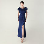 Heavy Industry Bead Tube Satin Evening Dress Deep V Lotus Leaf Pendant Bead Chain Bead Ordering Banquet Skirt
