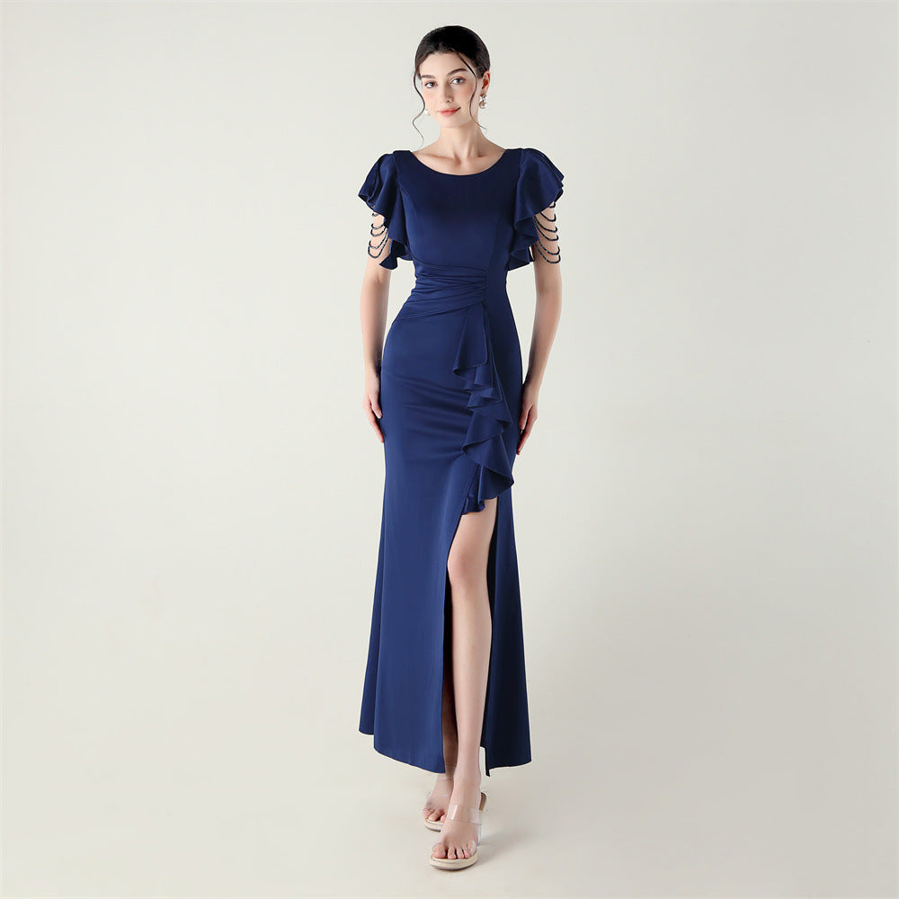 Heavy Industry Bead Tube Satin Evening Dress Deep V Lotus Leaf Pendant Bead Chain Bead Ordering Banquet Skirt