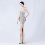 New extended ostrich hair beaded sequined single shoulder diagonal neck high fork evening dress