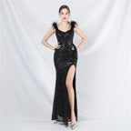 New evening dress craft beaded ostrich hair beads side split evening dress