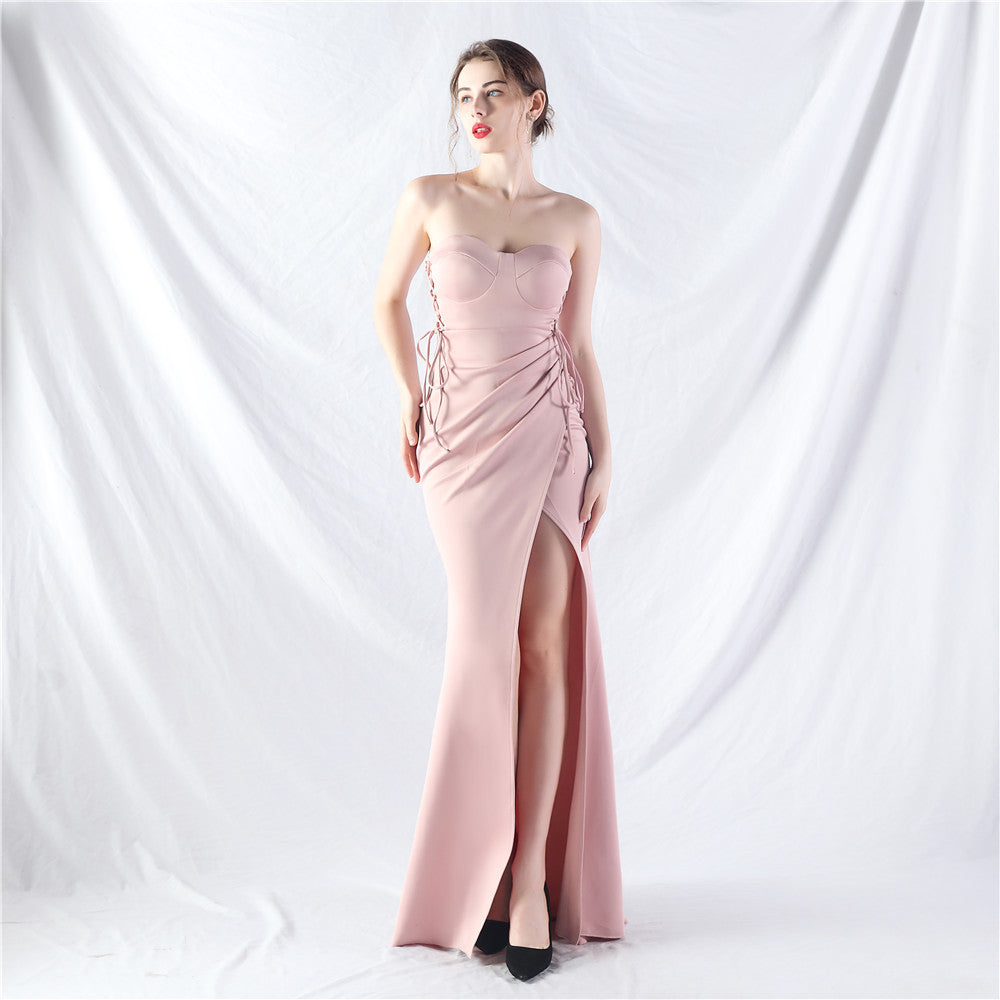 New trend two kinds of rope binding method waist setting ear satin evening dress