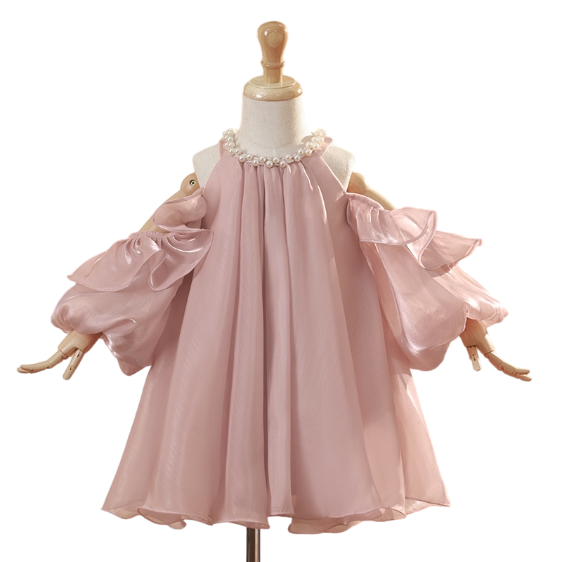 Prinzessinnenkleid für Mädchen zum Geburtstag und zur Kommunion, Perlenkragen, schulterfrei 