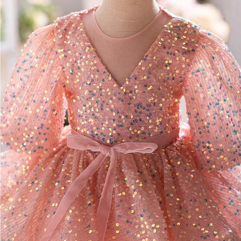 Elegantes rosa Paillettenkleid mit Ballonärmeln und Puffärmeln für Babys und Kleinkinder – Prinzessinnenkleid zur Erstkommunion 