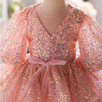 Elegantes rosa Paillettenkleid mit Ballonärmeln und Puffärmeln für Babys und Kleinkinder – Prinzessinnenkleid zur Erstkommunion 