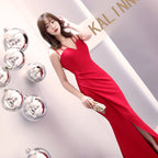 Banquet evening dress winter fashion elegant long sexy suspender slim fishtail black dress dress
