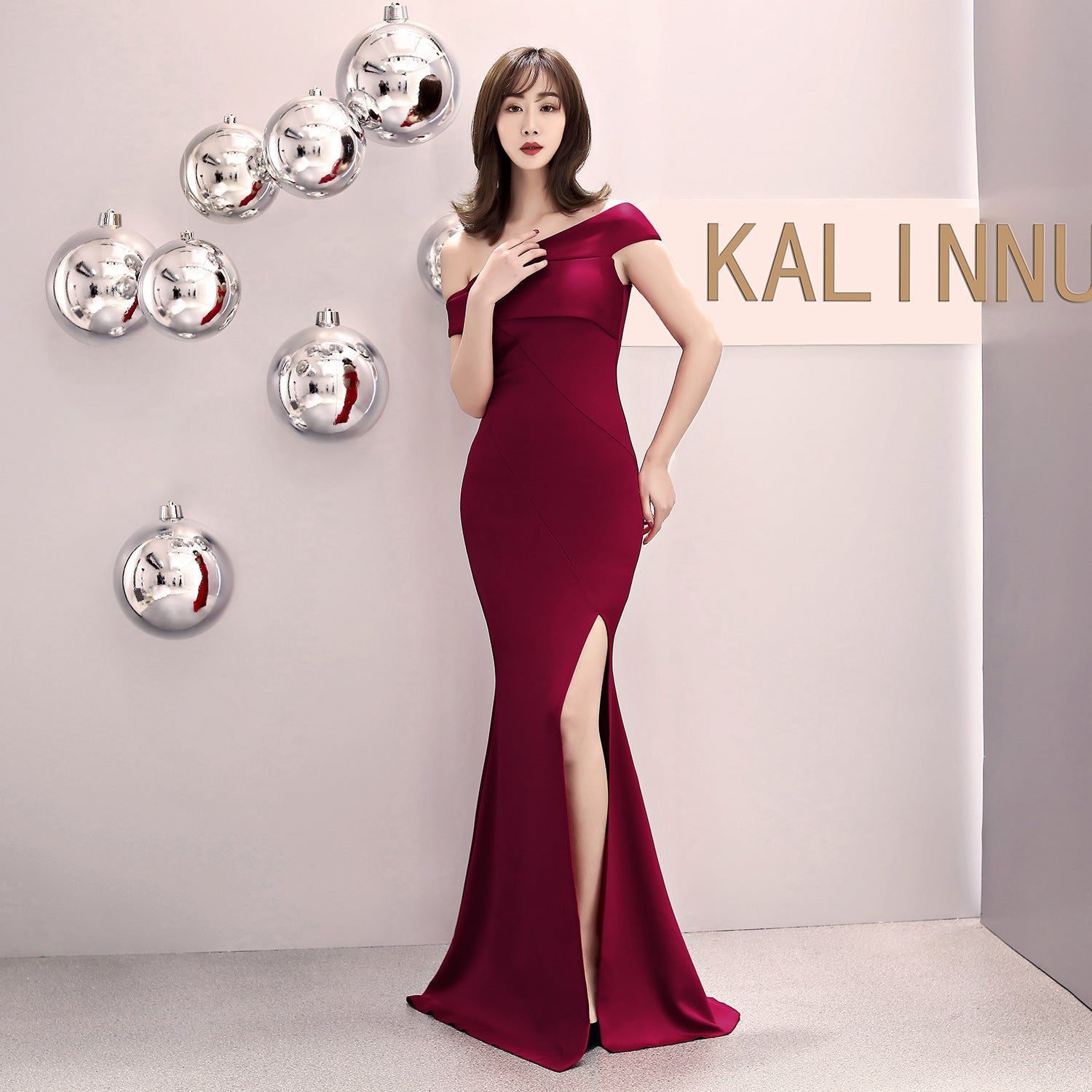 One-word shoulder banquet evening dress women's fashion party long elegant and thin sexy fishtail dress