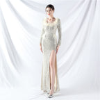 New craft ostrich hair long-sleeved bead evening dress