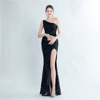 Positioning flower beads single shoulder diagonal collar side split fork long evening dress