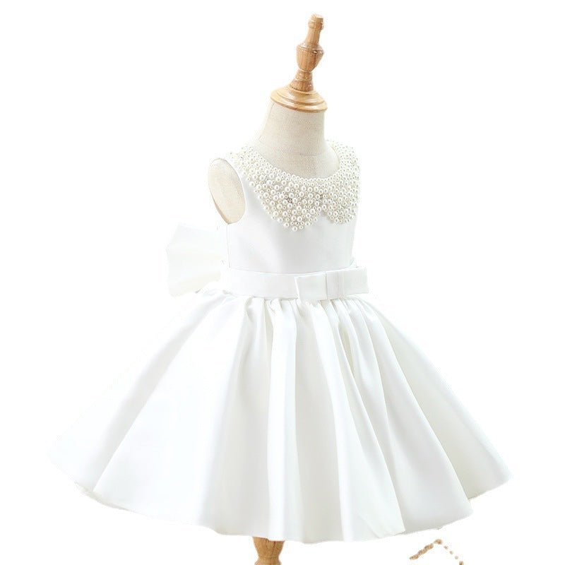 Kommunionkleid für Kleinkinder, Prinzessinnenkleid für Mädchen, weißes Blumenmädchenkleid mit Perlenkragen 