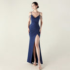 New satin suspender evening dress bead chain decoration slim and thin, banquet red carpet