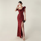 New single shoulder pleated ruffle edge pendant bead chain sequined evening dress, banquet wedding red carpet