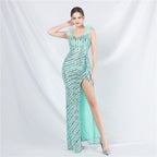 New evening dress craft beaded ostrich hair beads side split evening dress