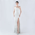 New extended ostrich hair beaded sequined single shoulder diagonal neck high fork evening dress