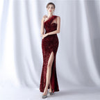 New product craftsmanship order ostrich plush bottom handmade bead high-end shoulder evening dress