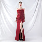 New double-tied waist-shaped ear-adjusted satin evening dress