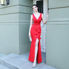Bridal long sleeveless red thank you banquet slim fishtail skirt wedding car model exhibition dress