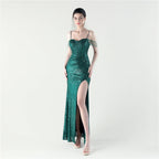 Dinner Focus, Premium, Sequined Fishbone Vest Beaded Suspender High Split Evening Gown