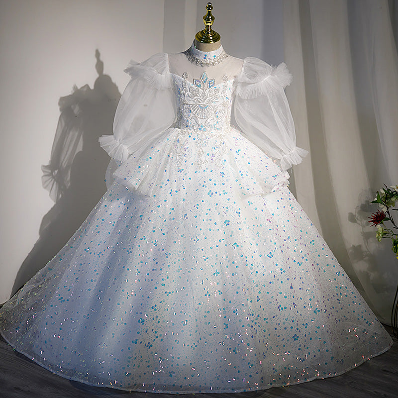 Mädchen Kommunionskleid, Kindergeburtstagskleid, weißes Paillettenkleid mit Schleppe 