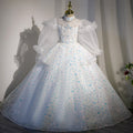 Mädchen Kommunionskleid, Kindergeburtstagskleid, weißes Paillettenkleid mit Schleppe 