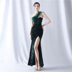 New product craftsmanship order ostrich plush bottom handmade bead high-end shoulder evening dress