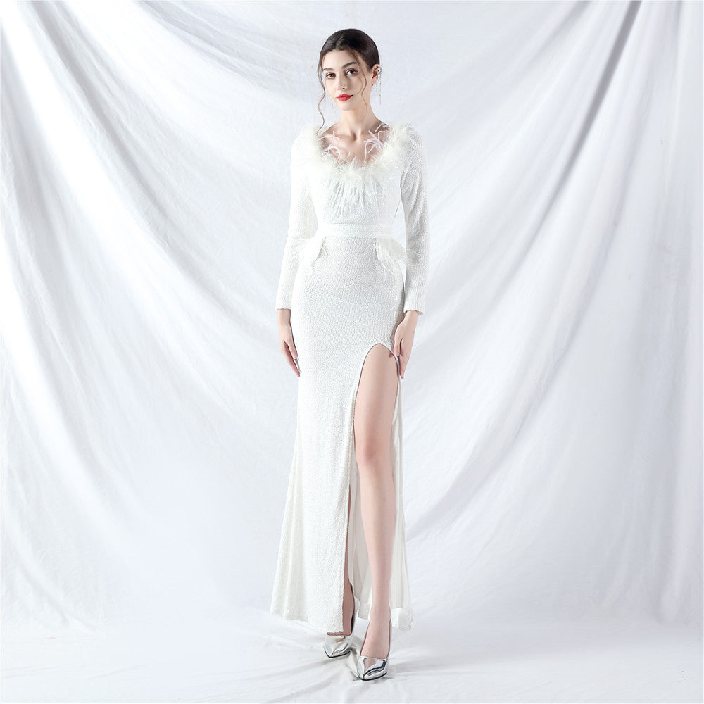 New craft ostrich hair long-sleeved bead evening dress