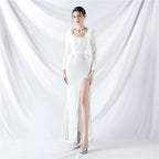 New craft ostrich hair long-sleeved bead evening dress