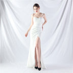 New trend two kinds of rope binding method waist setting ear satin evening dress