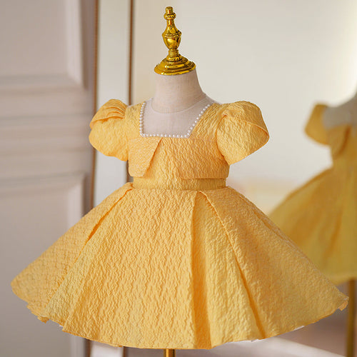 Babykleid für Mädchen, Kleinkind-Prinzessinnenkleid, gelbes Kleid mit Puffärmeln und Perlenbesatz, formelles Kommunionskleid 