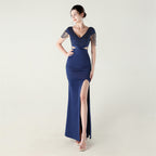 New folding positioning process bead chain shoulder decoration deep V hollow thin banquet evening dress