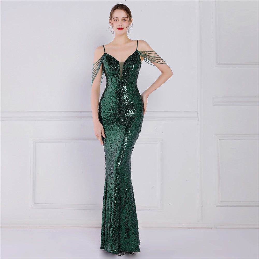 New sequined fishtail long dress performance Internet celebrity event banquet car model etiquette evening dress