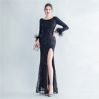 High-density ostrich hair beads long-sleeved fishtail high-end evening dress