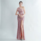 Heavy industry ostrich hair craft bead bundle hair slant shoulder side split high-end evening dress