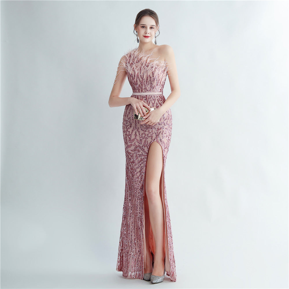 Heavy industry ostrich hair craft bead bundle hair slant shoulder side split high-end evening dress