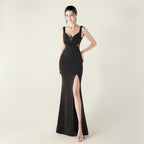 New cross-pleated hollow mesh deep V-neck evening dress slim banquet robe