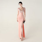 New folding positioning process bead chain shoulder decoration deep V hollow thin banquet evening dress