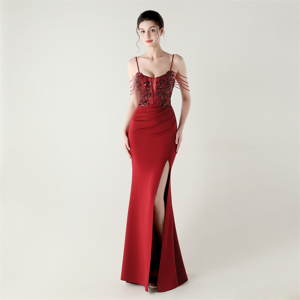 New bead tube craft fishbone strap waist formal banquet dance suspender sequined evening dress
