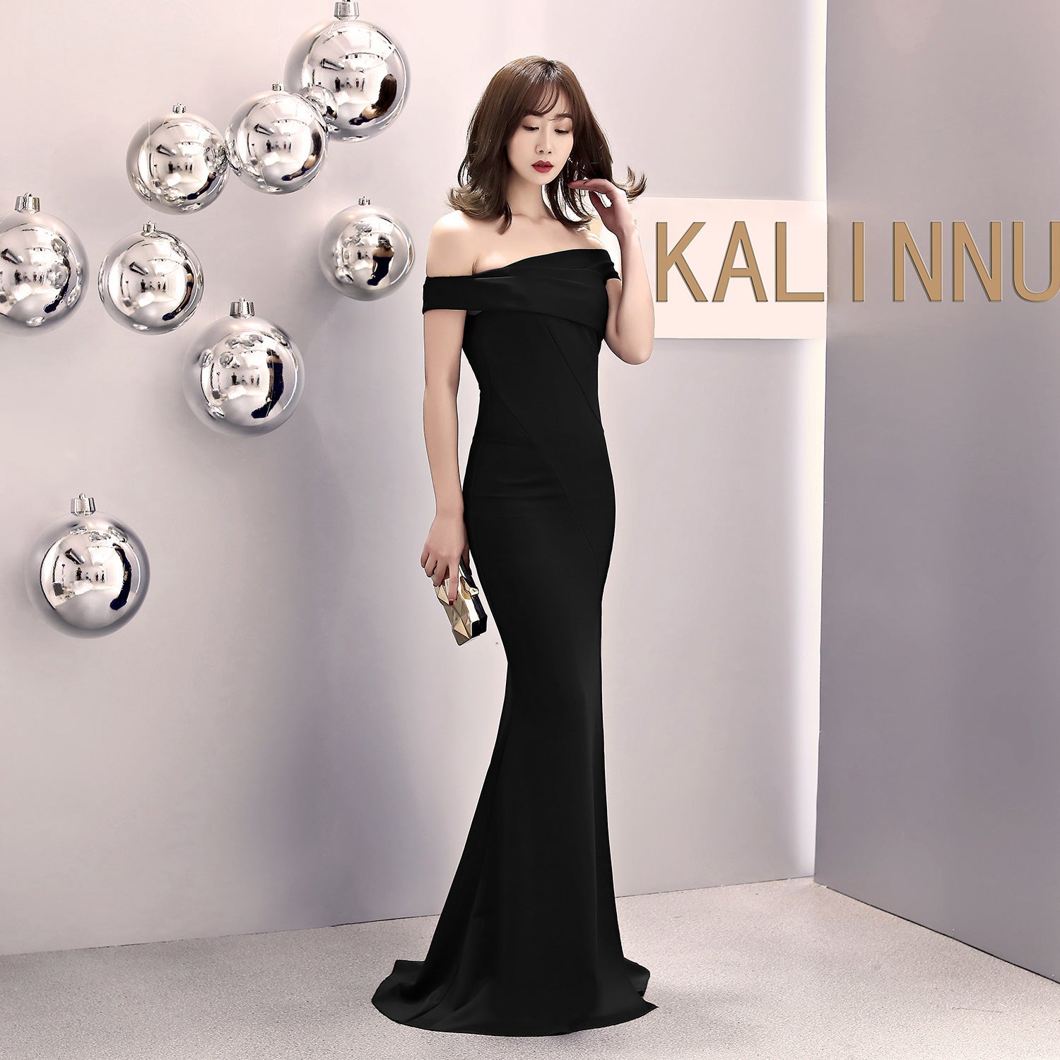 One-word shoulder banquet evening dress women's fashion party long elegant and thin sexy fishtail dress