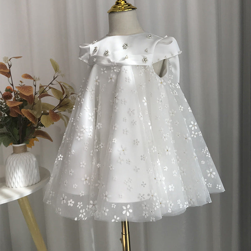 Elegante vestido de primera comunión de malla con flores para bebé, vestido de princesa hinchado para fiesta de niñas pequeñas 