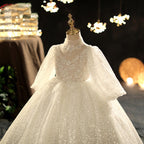 Kommunionkleid für Mädchen, langärmelig, Paillettenkleid, Blumenmädchenkleid, Festkleid für Prinzessinnen 