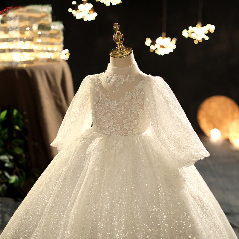 Kommunionkleid für Mädchen, langärmelig, Paillettenkleid, Blumenmädchenkleid, Festkleid für Prinzessinnen 